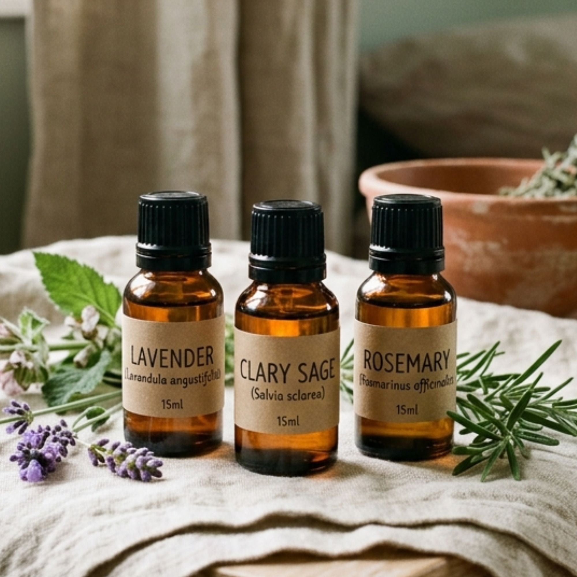 Rest & Calm Essential Oil Trio Set. Lavender, Clary Sage & Rosemary. 100% Pure Handcrafted Aromatherapy Sampler